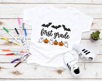 First Grade Halloween T-Shirt, Cute Ghost Pumpkin Bat Graphic Tee, Spooky Classroom Teacher Apparel, Elementary School Fall Outfit