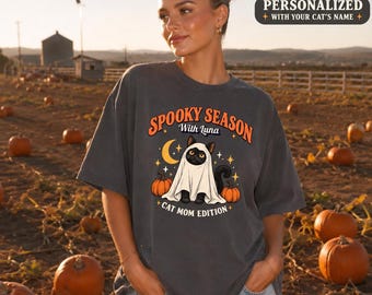 Personalized Halloween Cat Mom Shirt, Custom Cat Name Ghost Tee, Spooky Season Sweatshirt, Cat Lover Gift