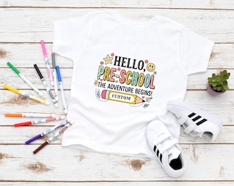 Hello Pre-School Shirt, Retro Adventure Begins Tee, First Day of School Outfit, Personalized Kids Back to School Gift