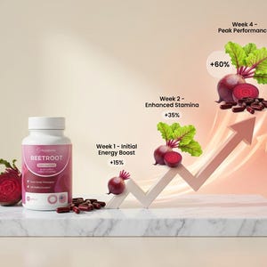 Puede incluir: Una botella blanca etiquetada "Beetroot" con c&aacute;psulas, una remolacha cortada y un gr&aacute;fico que muestra el aumento de rendimiento durante cuatro semanas. La imagen incluye texto que indica aumento de energ&iacute;a, resistencia mejorada y rendimiento m&aacute;ximo.