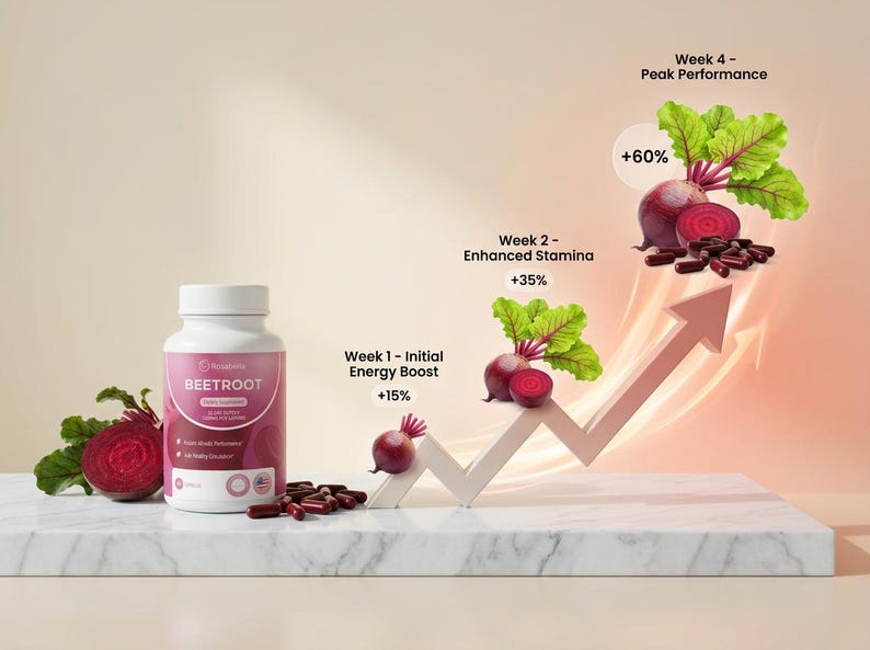 Puede incluir: Una botella blanca etiquetada "Beetroot" con c&aacute;psulas, una remolacha cortada y un gr&aacute;fico que muestra el aumento de rendimiento durante cuatro semanas. La imagen incluye texto que indica aumento de energ&iacute;a, resistencia mejorada y rendimiento m&aacute;ximo.