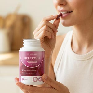 May include: A white bottle of Rosabella Beetroot dietary supplement with a pink label. The label includes text about athletic performance and healthy circulation. A person is holding a capsule from the bottle.