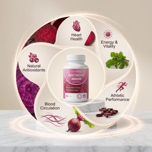Puede incluir: Una botella blanca de c&aacute;psulas de suplemento de remolacha con una etiqueta rosa, rodeada de ilustraciones de remolacha, hojas e iconos que representan beneficios para la salud. La etiqueta dice "Beetroot, Berry Supplement, 60 Capsules".