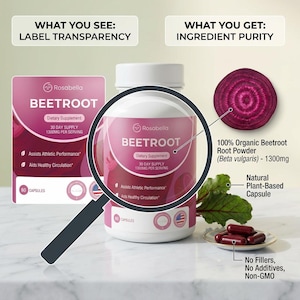 Puede incluir: Imagen del suplemento diet&eacute;tico Rosabella Beetroot. La imagen destaca la transparencia de la etiqueta y la pureza de los ingredientes. Presenta un frasco de c&aacute;psulas de remolacha, una rodaja de remolacha y c&aacute;psulas en un plato peque&ntilde;o.