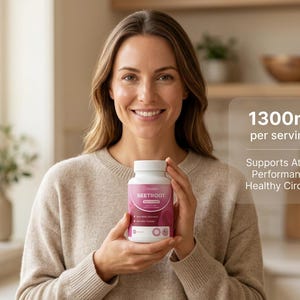 Puede incluir: Una mujer sostiene un frasco blanco de suplementos de remolacha. El frasco tiene una etiqueta rosa con el texto "BEETROOT" y "1300mg por porci&oacute;n". El texto tambi&eacute;n indica que apoya el rendimiento atl&eacute;tico y la circulaci&oacute;n saludable.
