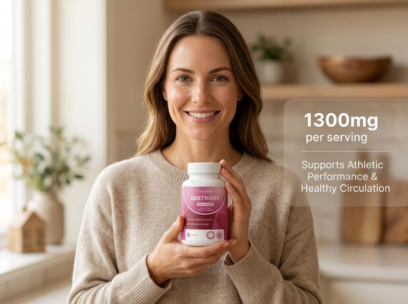 Puede incluir: Una mujer sostiene un frasco blanco de suplementos de remolacha. El frasco tiene una etiqueta rosa con el texto "BEETROOT" y "1300mg por porci&oacute;n". El texto tambi&eacute;n indica que apoya el rendimiento atl&eacute;tico y la circulaci&oacute;n saludable.