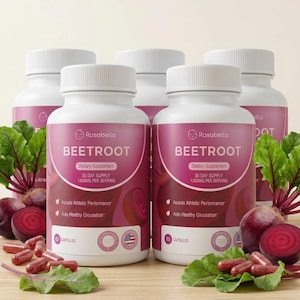 May include: Five white supplement bottles with pink labels, featuring the text "BEETROOT" and "Dietary Supplement." The image includes capsules, beetroots, and green leaves. The label states "30 DAY SUPPLY 1300MG PER SERVING" and "60 CAPSULES."