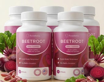 5 Bottles Rosabella Organic Beet Root Capsules(180 count) - Circulation and Vitality Support, Detox, Immunity Natural Dietary Supplement
