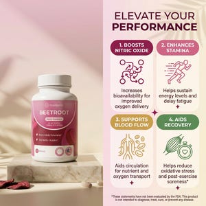 Puede incluir: Una botella blanca de suplemento diet&eacute;tico Rosabella Beetroot con una etiqueta rosa. La etiqueta incluye texto sobre los beneficios del producto, como el aumento del &oacute;xido n&iacute;trico y la ayuda a la recuperaci&oacute;n. La imagen tambi&eacute;n presenta gr&aacute;ficos y texto.