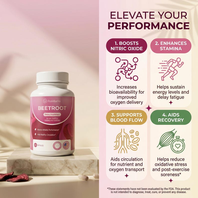 Puede incluir: Una botella blanca de suplemento diet&eacute;tico Rosabella Beetroot con una etiqueta rosa. La etiqueta incluye texto sobre los beneficios del producto, como el aumento del &oacute;xido n&iacute;trico y la ayuda a la recuperaci&oacute;n. La imagen tambi&eacute;n presenta gr&aacute;ficos y texto.