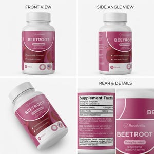 May include: A white bottle of Rosabella Beetroot dietary supplement. The label is a gradient of pink and white, with the text "BEETROOT" and "30 DAY SUPPLY". The bottle contains 60 capsules and assists athletic performance and healthy circulation.