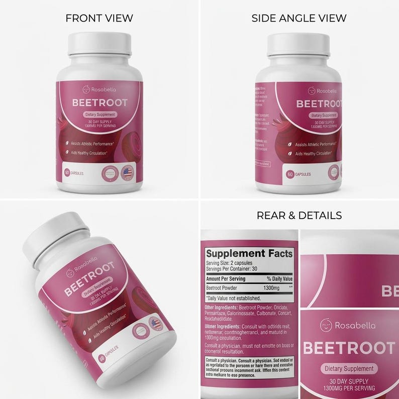 May include: A white bottle of Rosabella Beetroot dietary supplement. The label is a gradient of pink and white, with the text "BEETROOT" and "30 DAY SUPPLY". The bottle contains 60 capsules and assists athletic performance and healthy circulation.