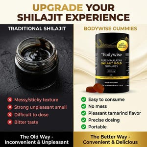 Pode incluir: Um an&uacute;ncio que compara o Shilajit tradicional com as gomas Bodywise. O lado esquerdo mostra um frasco de Shilajit escuro, enquanto o lado direito exibe um recipiente preto e dourado de gomas. O texto destaca os benef&iacute;cios das gomas.