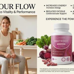 May include: An advertisement promoting beetroot supplements. The image features a woman sitting on a bench, a bottle of beetroot supplements, and fresh beets. Text on the bottle reads "Beetroot" and lists benefits. The text "Fuel Your Flow" is at the top.
