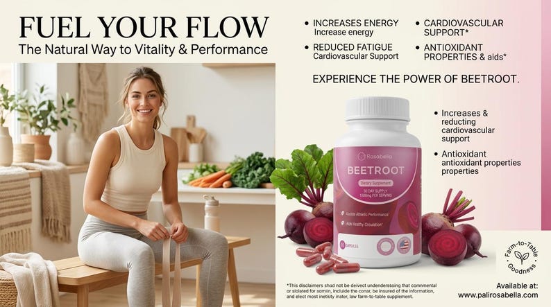 May include: An advertisement promoting beetroot supplements. The image features a woman sitting on a bench, a bottle of beetroot supplements, and fresh beets. Text on the bottle reads "Beetroot" and lists benefits. The text "Fuel Your Flow" is at the top.