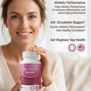 May include: A woman holds a white bottle of Rosabella Beetroot Performance dietary supplement. The bottle has a pink label with the product name and the words "Athletic Performance" and "Aid Circulation Support". The image also includes text about the product's benefits.