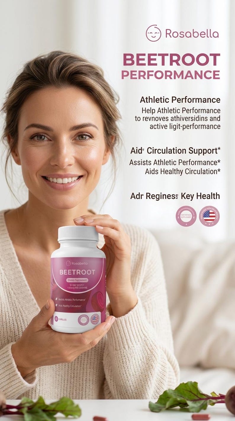 May include: A woman holds a white bottle of Rosabella Beetroot Performance dietary supplement. The bottle has a pink label with the product name and the words "Athletic Performance" and "Aid Circulation Support". The image also includes text about the product's benefits.