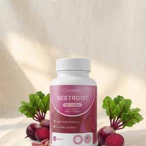 May include: A white Rosabella bottle of Beetroot dietary supplement with a pink label, 60 capsules, and 1300mg per serving. The image includes fresh beets and capsules, with text indicating it assists athletic performance and aids healthy circulation.