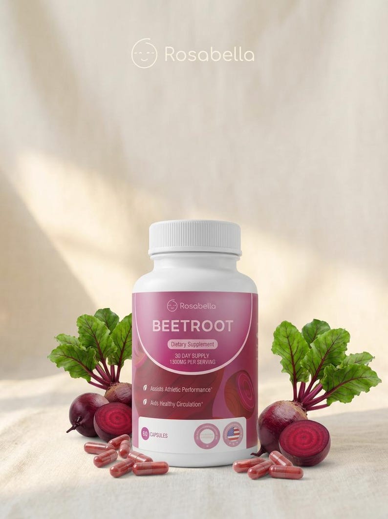 May include: A white Rosabella bottle of Beetroot dietary supplement with a pink label, 60 capsules, and 1300mg per serving. The image includes fresh beets and capsules, with text indicating it assists athletic performance and aids healthy circulation.