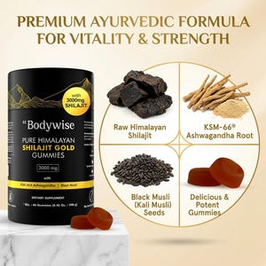 Pode incluir: Imagem de Bodywise Pure Himalayan Shilajit Gold Gummies, com 3000mg de Shilajit. A imagem tamb&eacute;m mostra Shilajit himalaiano cru, raiz de KSM-66 Ashwagandha, sementes de Musli preto e duas gomas.
