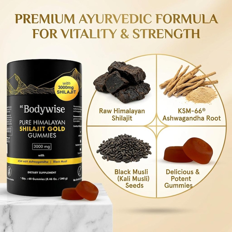 Pode incluir: Imagem de Bodywise Pure Himalayan Shilajit Gold Gummies, com 3000mg de Shilajit. A imagem tamb&eacute;m mostra Shilajit himalaiano cru, raiz de KSM-66 Ashwagandha, sementes de Musli preto e duas gomas.