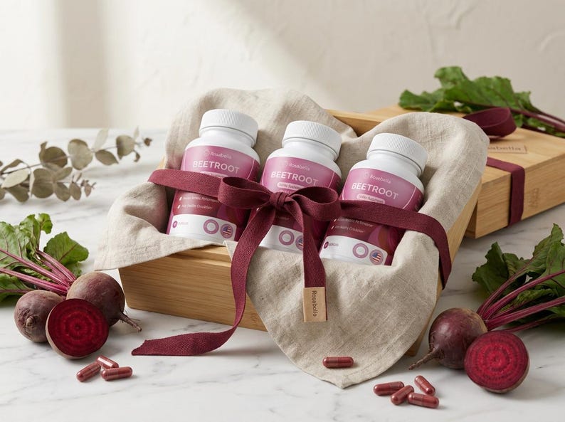 May include: Three white bottles labeled "Beetroot" are nestled in a wooden box lined with beige fabric, tied with a burgundy ribbon. Fresh beets and capsules are arranged around the box, suggesting a health and wellness theme.