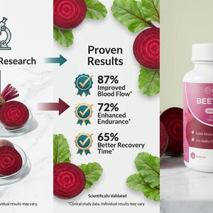 Puede incluir: Imagen que muestra remolacha y un frasco de suplemento. El frasco, etiquetado como "BEETROOT", est&aacute; acompa&ntilde;ado de gr&aacute;ficos que resaltan la investigaci&oacute;n cl&iacute;nica y los resultados probados, incluida la mejora del flujo sangu&iacute;neo y la resistencia.