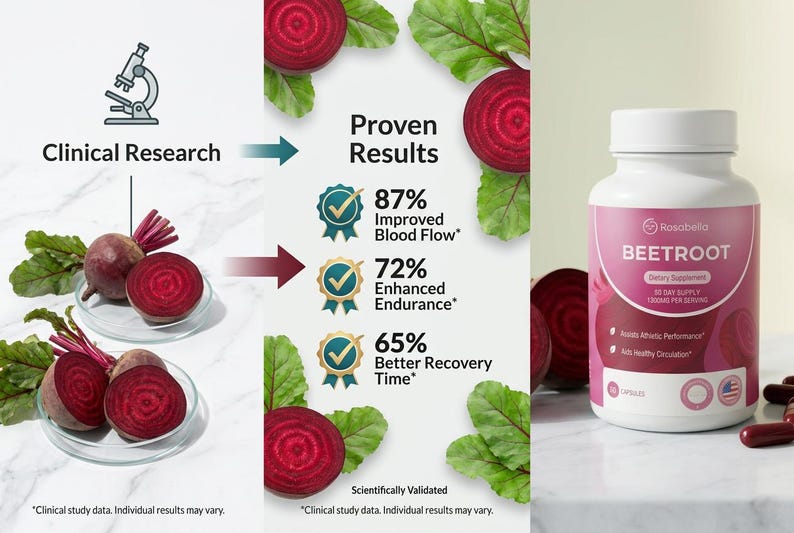 Puede incluir: Imagen que muestra remolacha y un frasco de suplemento. El frasco, etiquetado como "BEETROOT", est&aacute; acompa&ntilde;ado de gr&aacute;ficos que resaltan la investigaci&oacute;n cl&iacute;nica y los resultados probados, incluida la mejora del flujo sangu&iacute;neo y la resistencia.