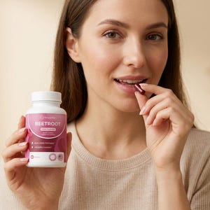 Puede incluir: Una mujer sostiene un frasco blanco de c&aacute;psulas de Remolacha Extra Complex. El frasco tiene una etiqueta rosa con texto blanco. Est&aacute; a punto de meter una c&aacute;psula de color rojo oscuro en la boca.