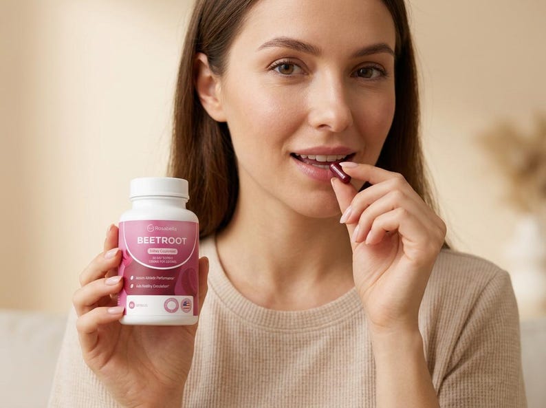 Puede incluir: Una mujer sostiene un frasco blanco de c&aacute;psulas de Remolacha Extra Complex. El frasco tiene una etiqueta rosa con texto blanco. Est&aacute; a punto de meter una c&aacute;psula de color rojo oscuro en la boca.