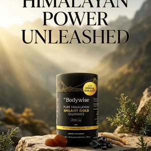 Pode incluir: Um an&uacute;ncio para Bodywise Pure Himalayan Shilajit Gold Gummies. A imagem apresenta um recipiente de suplemento preto e dourado, duas gomas e outros ingredientes em uma rocha. O texto diz "Himalayan Power Unleashed."