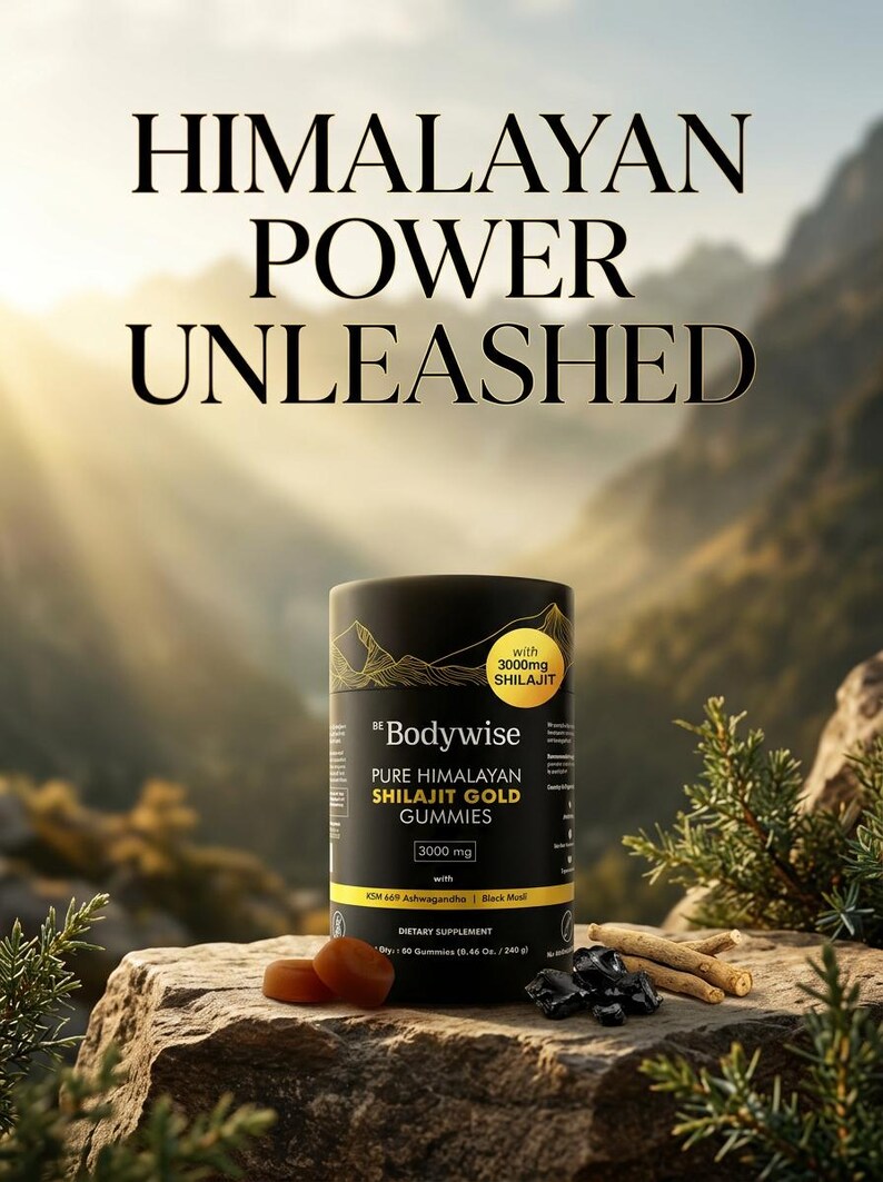 Pode incluir: Um an&uacute;ncio para Bodywise Pure Himalayan Shilajit Gold Gummies. A imagem apresenta um recipiente de suplemento preto e dourado, duas gomas e outros ingredientes em uma rocha. O texto diz "Himalayan Power Unleashed."