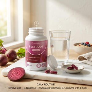 May include: A white bottle of Rosabella Beetroot dietary supplement with capsules, a glass of water, and a small dish with capsules. The label reads "Beetroot" and "Dietary Supplement". A sliced beet is also visible.