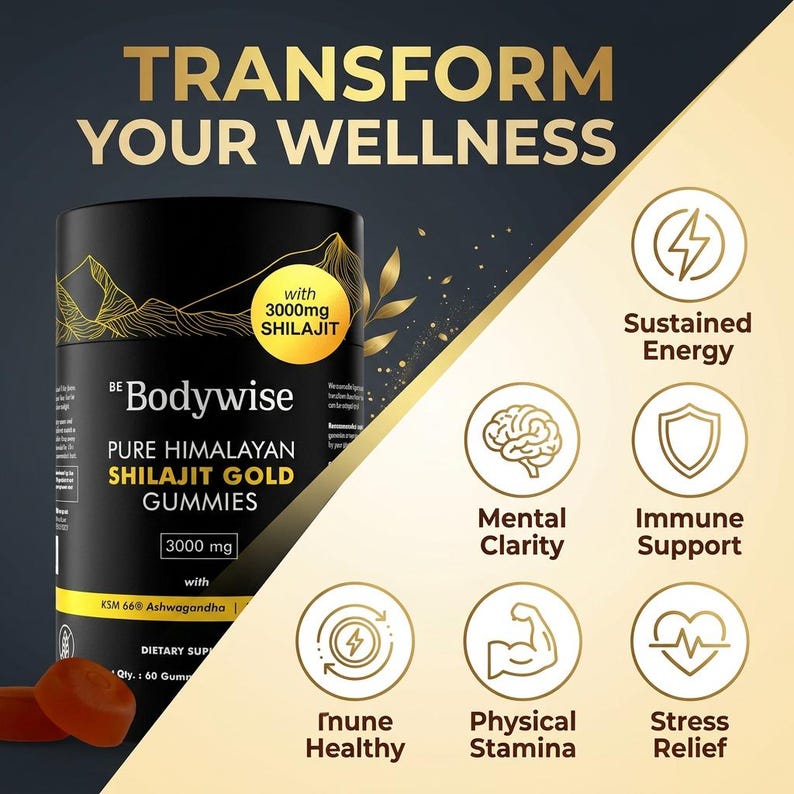 Pode incluir: An&uacute;ncio de Bodywise Pure Himalayan Shilajit Gold Gummies. O recipiente preto tem detalhes e texto dourados. A imagem tamb&eacute;m apresenta &iacute;cones de energia, clareza mental e suporte imunol&oacute;gico.