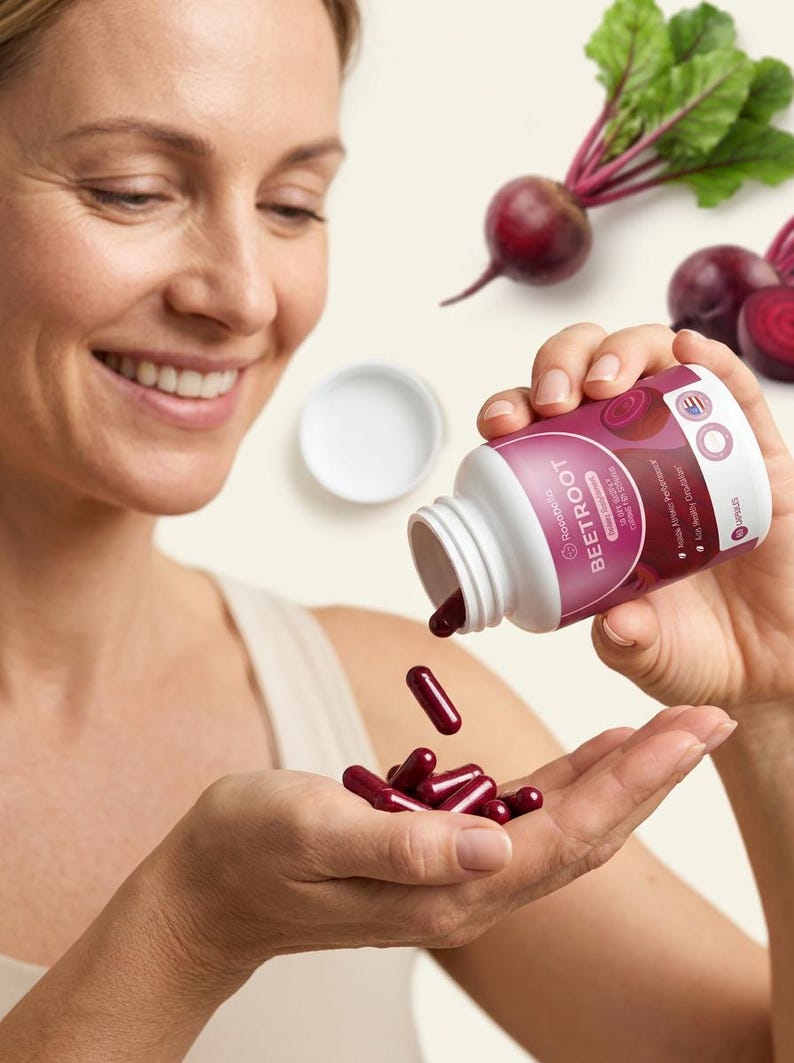 May include: A woman pouring dark red beetroot capsules from a white bottle into her hand. The bottle has a pink label with the word "BEETROOT" and a beetroot graphic. Fresh beetroots with green leaves are in the background.
