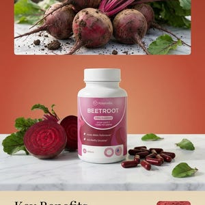 Puede incluir: Imagen que muestra remolacha y un frasco de suplemento diet&eacute;tico. El frasco est&aacute; etiquetado como "Rosabella BEETROOT" y destaca los beneficios clave. Remolacha fresca con hojas verdes se muestra junto con el suplemento.