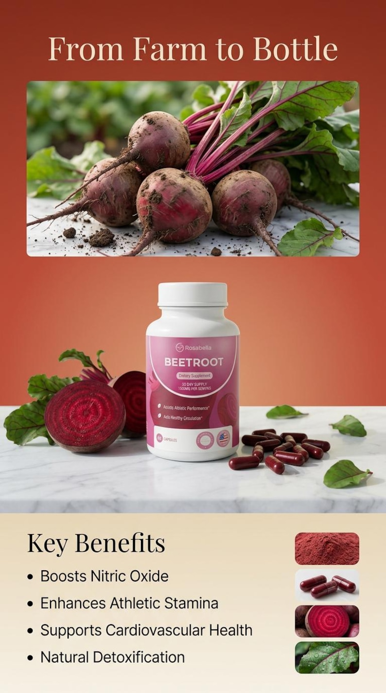 Puede incluir: Imagen que muestra remolacha y un frasco de suplemento diet&eacute;tico. El frasco est&aacute; etiquetado como "Rosabella BEETROOT" y destaca los beneficios clave. Remolacha fresca con hojas verdes se muestra junto con el suplemento.