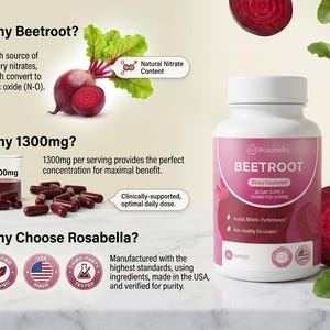 Puede incluir: Una botella blanca de suplemento diet&eacute;tico Rosabella Beetroot con una etiqueta rosa, 60 c&aacute;psulas y 1300 mg por porci&oacute;n. La imagen incluye remolacha en rodajas, hojas de remolacha y texto que explica los beneficios de la remolacha.