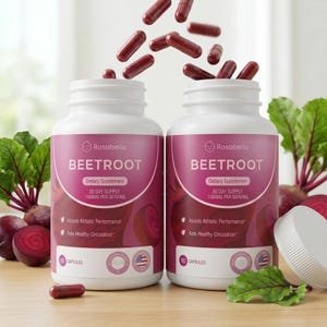 May include: Two white supplement bottles with pink labels, labeled "BEETROOT" and "Dietary Supplement." The labels also state "30 DAY SUPPLY" and "1300MG PER SERVING." Maroon capsules are scattered around the bottles, with beetroots and leaves in the background.