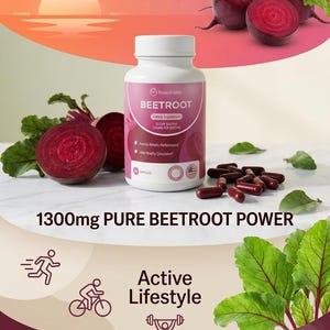Puede incluir: Un anuncio de producto para suplementos de remolacha. La imagen presenta un frasco blanco de c&aacute;psulas de remolacha, remolachas enteras y en rodajas, y el texto "1300mg PURE BEETROOT POWER". El fondo es un degradado de rosa y naranja.