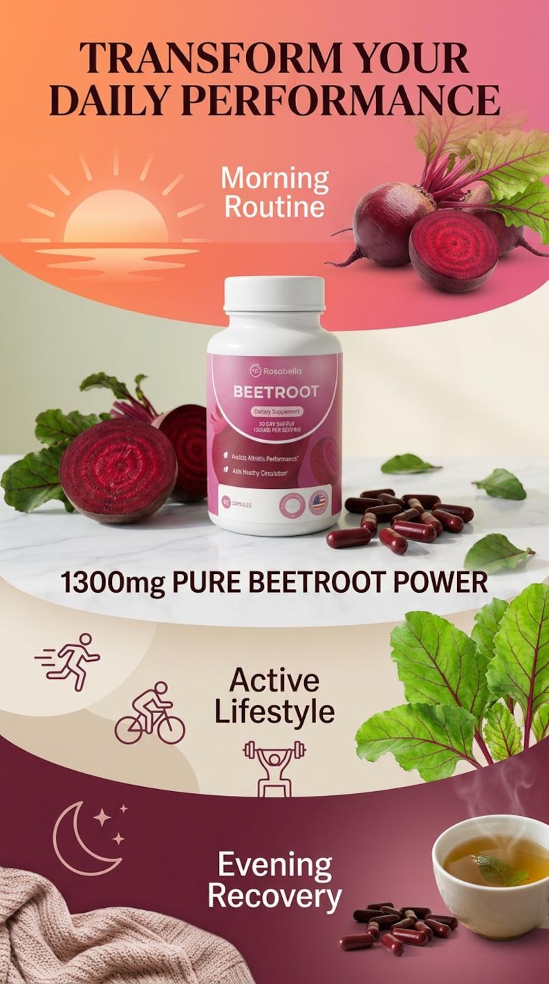 Puede incluir: Un anuncio de producto para suplementos de remolacha. La imagen presenta un frasco blanco de c&aacute;psulas de remolacha, remolachas enteras y en rodajas, y el texto "1300mg PURE BEETROOT POWER". El fondo es un degradado de rosa y naranja.