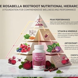 Puede incluir: Una infograf&iacute;a titulada "The Rosabella Beetroot Nutritional Hierarchy" detalla los beneficios de los suplementos de remolacha. La imagen presenta un frasco blanco de c&aacute;psulas de remolacha, junto con ilustraciones de frutas, verduras y diagramas.