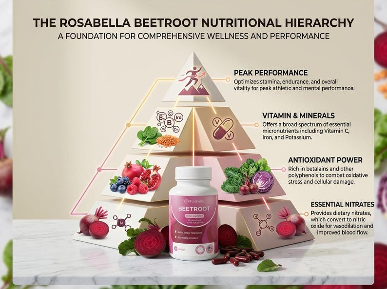 Puede incluir: Una infograf&iacute;a titulada "The Rosabella Beetroot Nutritional Hierarchy" detalla los beneficios de los suplementos de remolacha. La imagen presenta un frasco blanco de c&aacute;psulas de remolacha, junto con ilustraciones de frutas, verduras y diagramas.