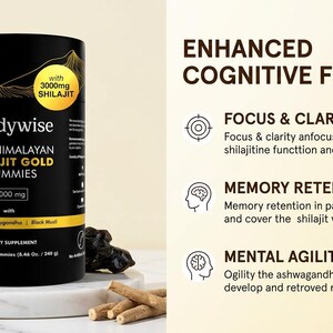 Pode incluir: Um recipiente preto de suplemento Bodywise com detalhes dourados, com a inscri&ccedil;&atilde;o "Pure Himalayan Shilajit Gold Gummies". A imagem tamb&eacute;m mostra gomas, pedras e palitos. O texto &agrave; direita diz "Enhanced Cognitive Function".