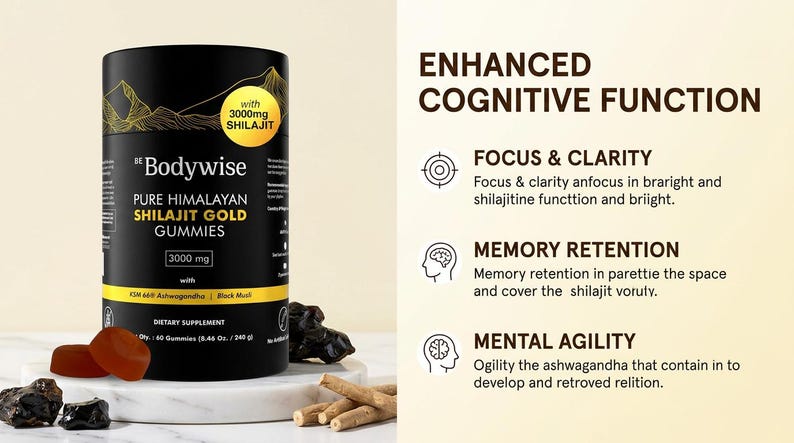Pode incluir: Um recipiente preto de suplemento Bodywise com detalhes dourados, com a inscri&ccedil;&atilde;o "Pure Himalayan Shilajit Gold Gummies". A imagem tamb&eacute;m mostra gomas, pedras e palitos. O texto &agrave; direita diz "Enhanced Cognitive Function".