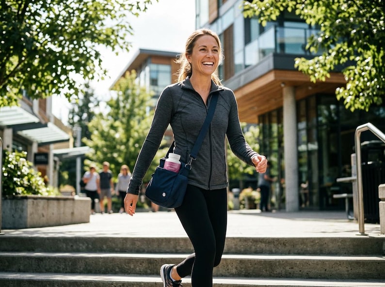 May include: A woman in athletic wear walks outdoors, smiling. She wears a gray zip-up jacket, black leggings, and carries a navy blue shoulder bag with a water bottle. The background includes trees, buildings, and a sunny day.