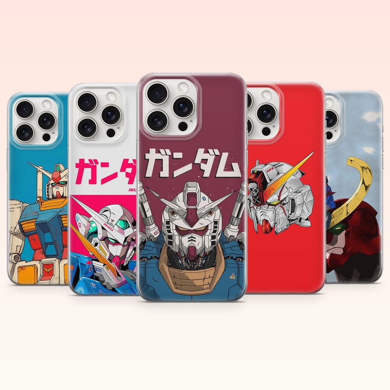 May include: Five smartphone cases featuring various Gundam robot illustrations. The designs include full-body and head-only mecha graphics in blue, red, and white color schemes, with Japanese text characters printed on two of the cases.