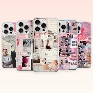 May include: Five smartphone cases featuring collage designs with various images of Mac Miller, text including 'Mac Miller', 'love', and 'Circle', along with graphics like butterflies, planets, and dice in shades of pink, white, and black.
