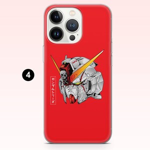 May include: A bright red smartphone case featuring a detailed illustration of a white and grey robotic head with yellow antennae. A small skull icon is visible on the forehead, and vertical Japanese text is printed in a white box on the left side.