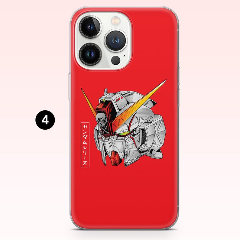 May include: A bright red smartphone case featuring a detailed illustration of a white and grey robotic head with yellow antennae. A small skull icon is visible on the forehead, and vertical Japanese text is printed in a white box on the left side.